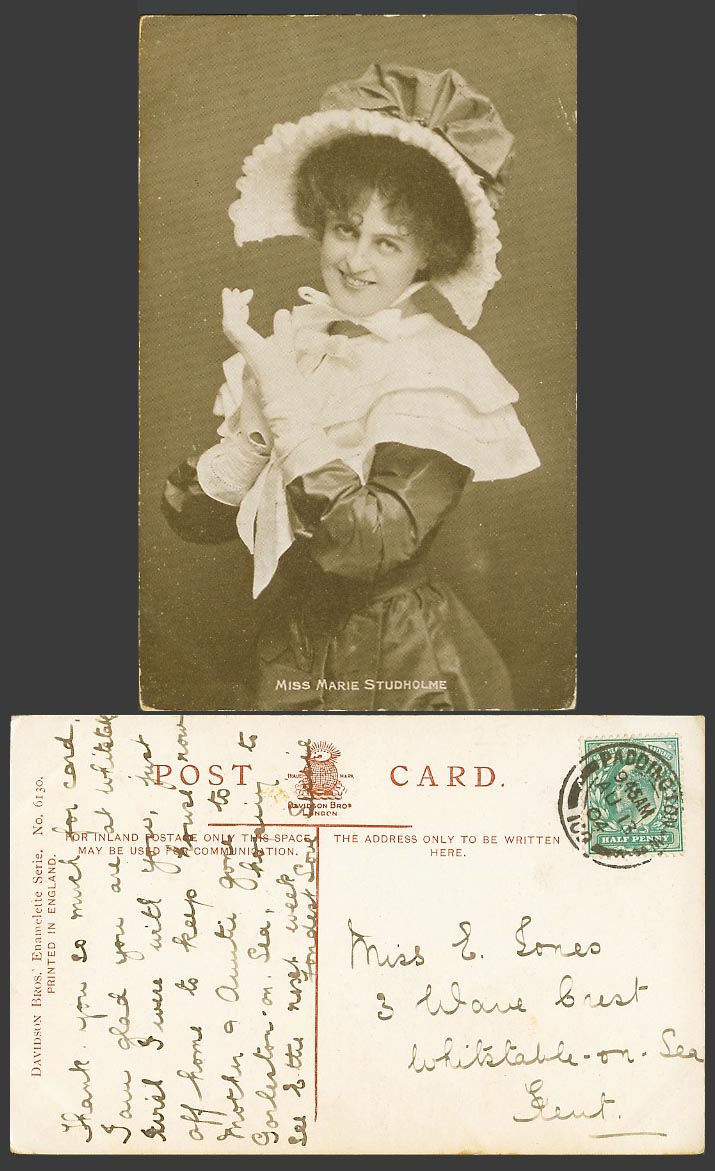Actress Miss MARIE STUDHOLME wearing Gloves and Hat, Fashion 1904 Old Postcard