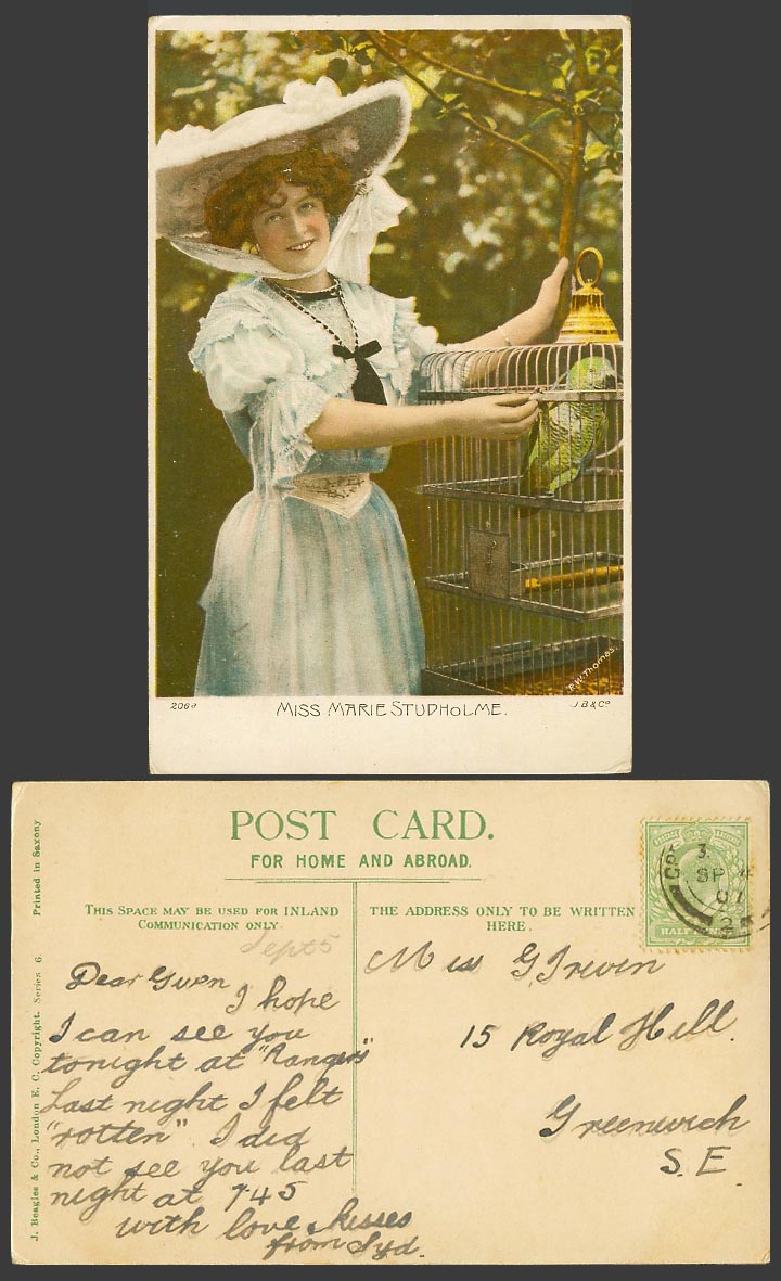 Actress Miss MARIE STUDHOLME Bird Cage, Parakeet Parrot 1907 Old Colour Postcard