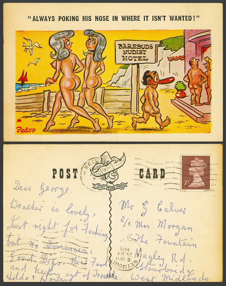PEDRO Saucy 1975 Old Postcard Beach Barebuds Nudist Hotel Always Poking His Nose