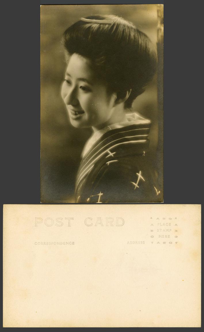 Japan Old Real Photo Postcard Geisha Girl Woman Lady with Smile, Smiling, Kimono