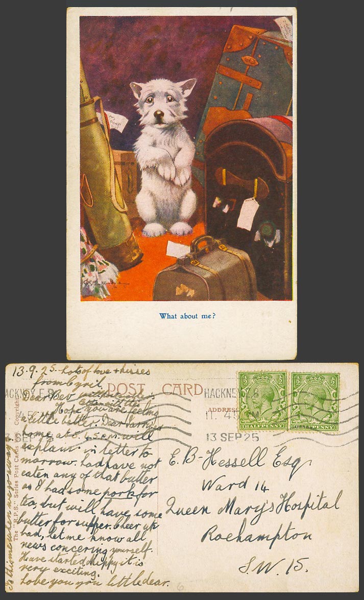 BONZO Dog GE Studdy 1925 Old Postcard What About Me? Luggage Cases Golfing 1036