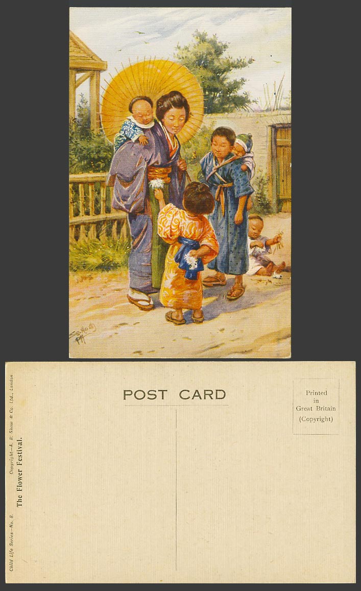 Japan ES Hardy Old Postcard The Flower Festival Japanese Woman Children Boy Girl