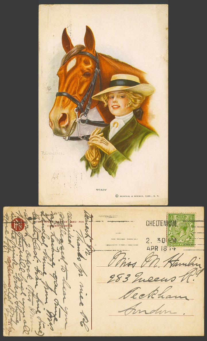 Pony Horse and a Glamour Lady Woman Gloves & Hat, Ready 1914 Old Colour Postcard