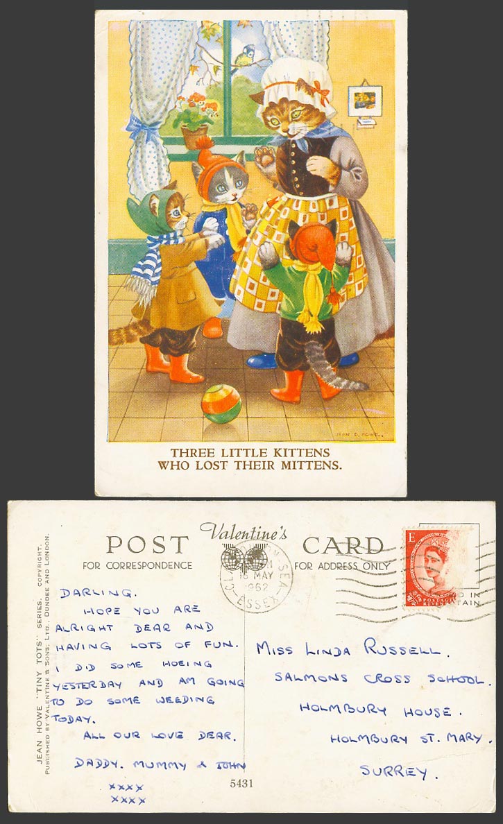 Jean D. Howe 1962 Old Postcard 3 Little Kittens Who Lost Their Mittens. Cat Cats