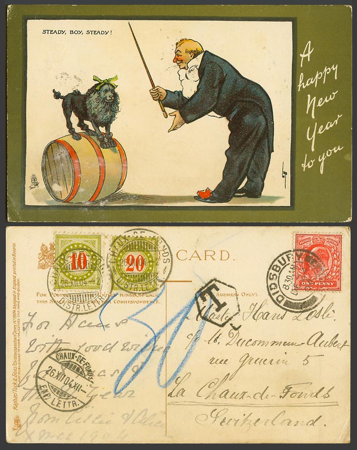 Poodle Dog Puppy on Wine Barrel Steady Boy Postage Dues 1904 Old Tuck's Postcard