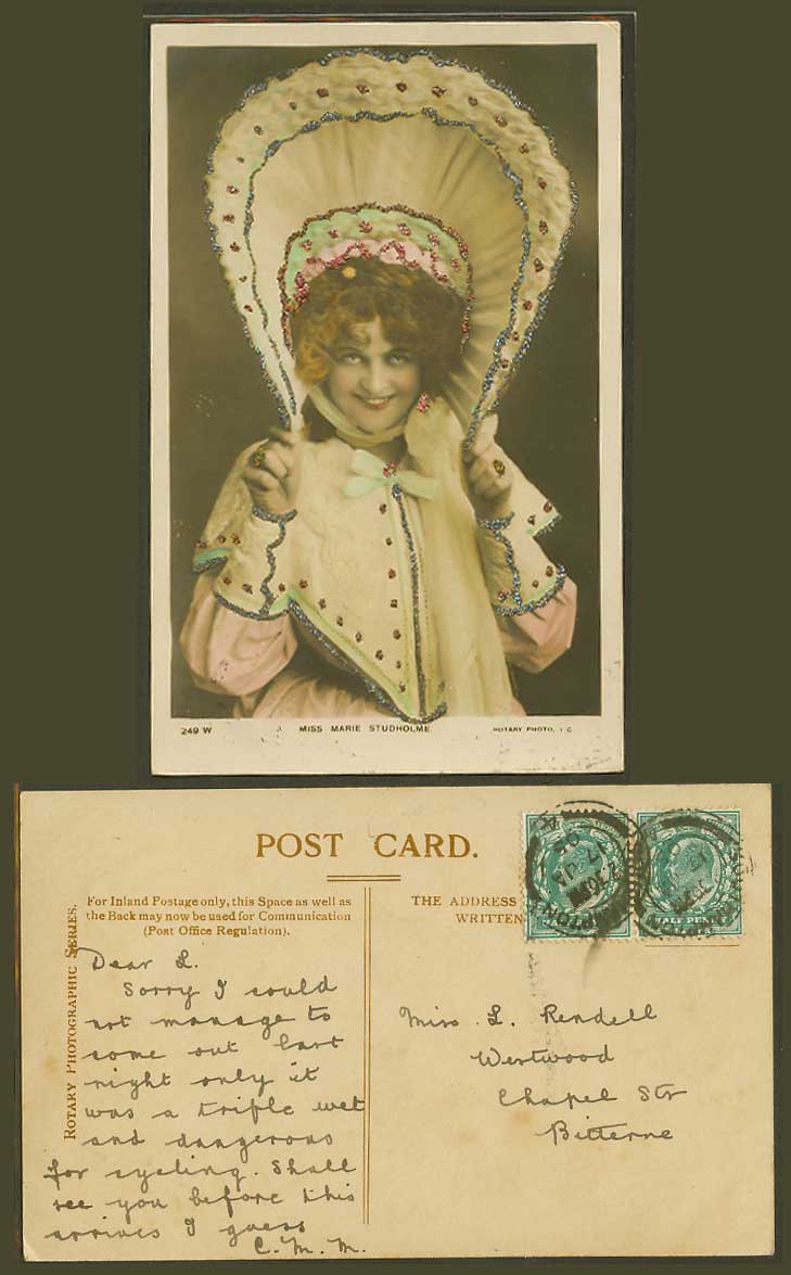 Actress Miss MARIE STUDHOLME Hat, Novelty with Glitters 1905 Old Colour Postcard