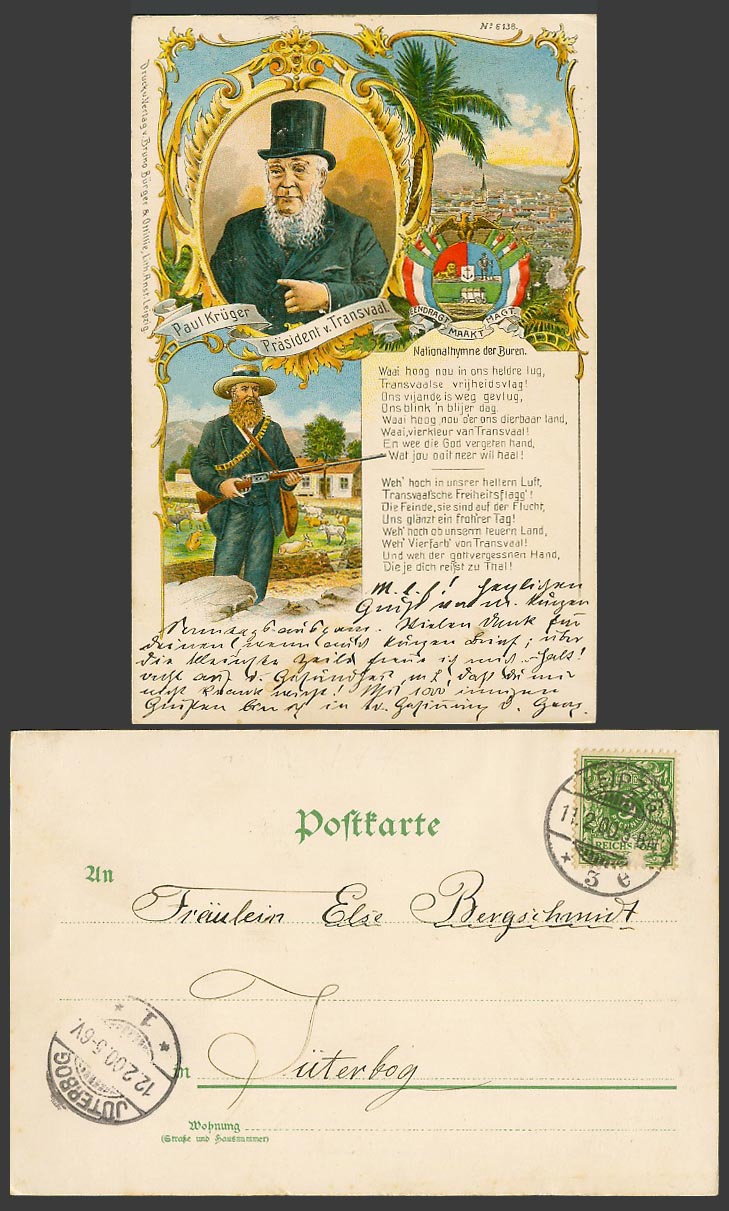 South Africa, Paul Kruger Boer War National Anthem of Boers 1900 Old UB Postcard