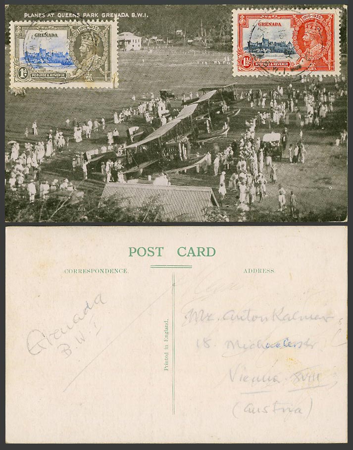 Grenada KG5 Silver Jubilee 1d & 1 1/2d 1935 Old Postcard Biplanes at Queens Park