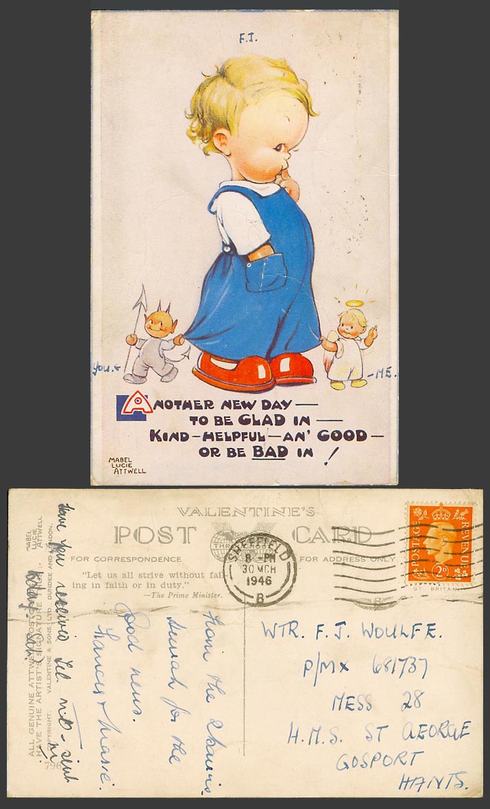 MABEL LUCIE ATTWELL 1946 Old Postcard Devil Angel, New Day Be Glad Good Kind 796