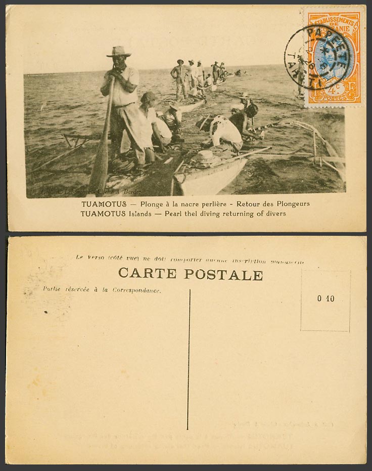 Tuamotus Islands 4c 1926 Old Postcard Pearl Thel Diving Returning of Divers Boat