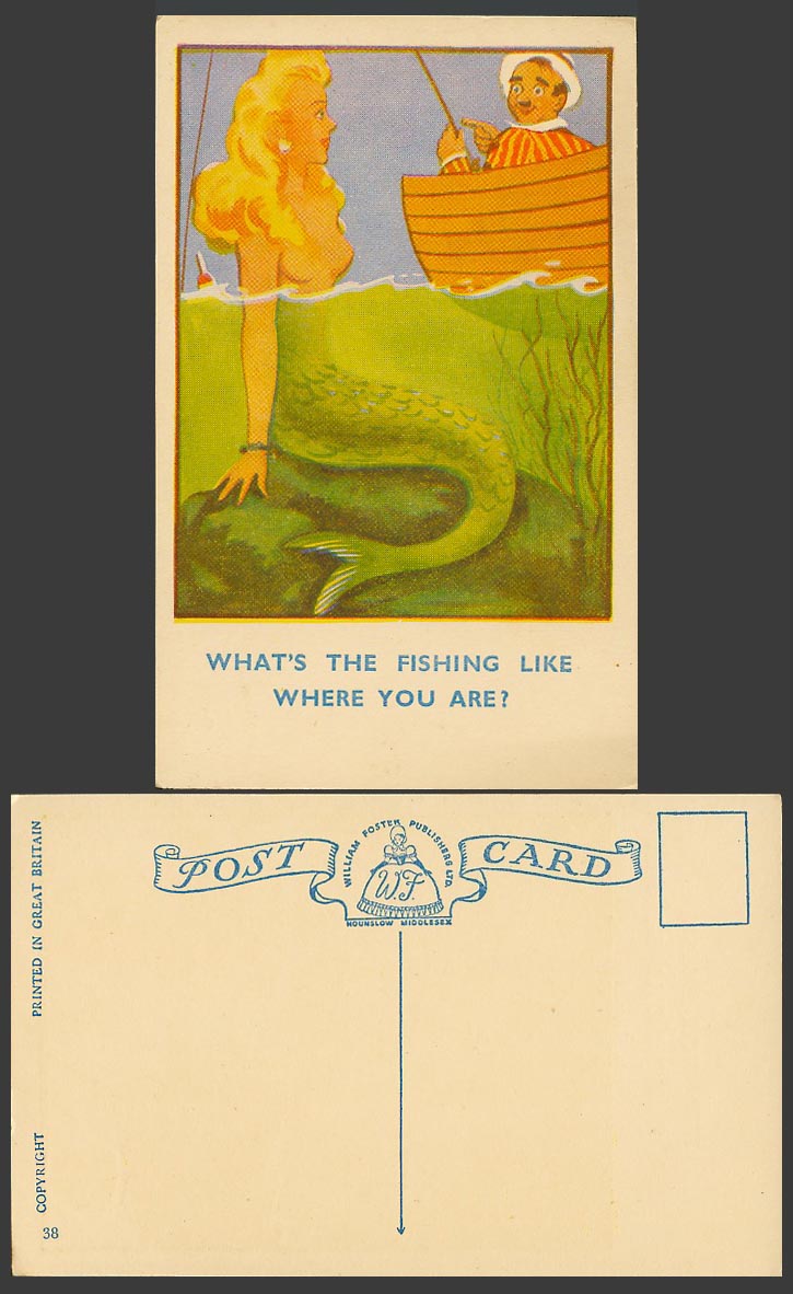 Mermaid Comic What's The Fishing Like Where You Are? Fisherman Boat Old Postcard