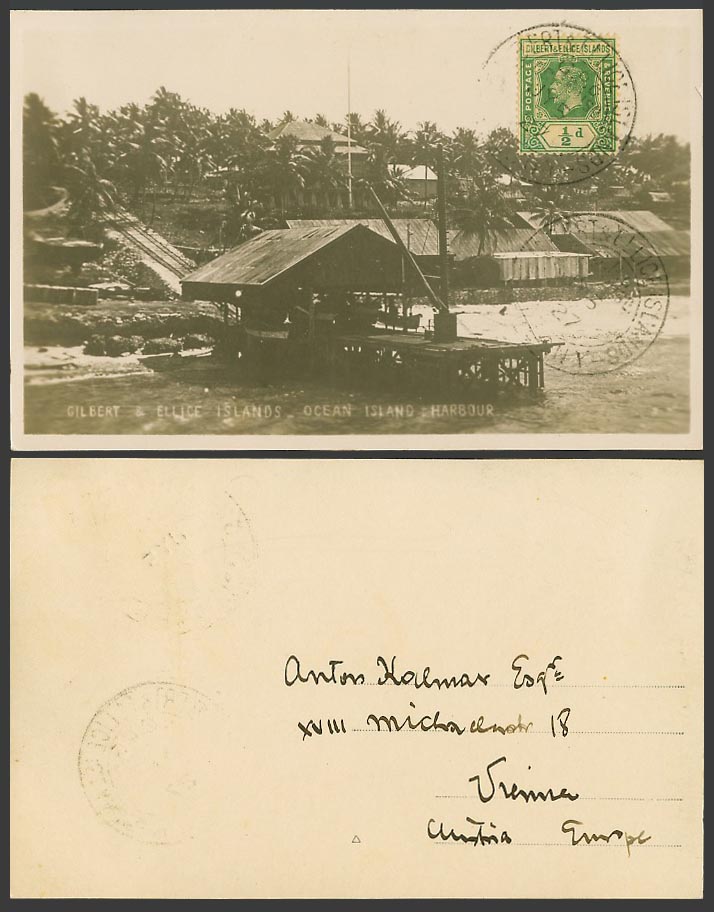 Gilbert & Ellice Islands, KG5 1/2d 1927 Old Postcard Ocean Island Harbour & Quay