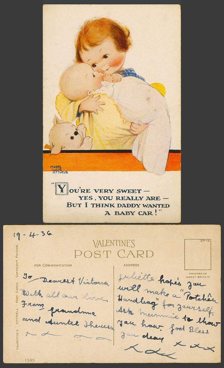 MABEL LUCIE ATTWELL 1936 Old Postcard You're Sweet, Daddy Wanted a Baby Car 1595