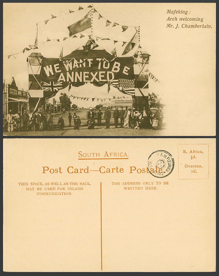 South Africa, Boer War Old Postcard Mafeking, Arch Gate Welcoming J. Chamberlain