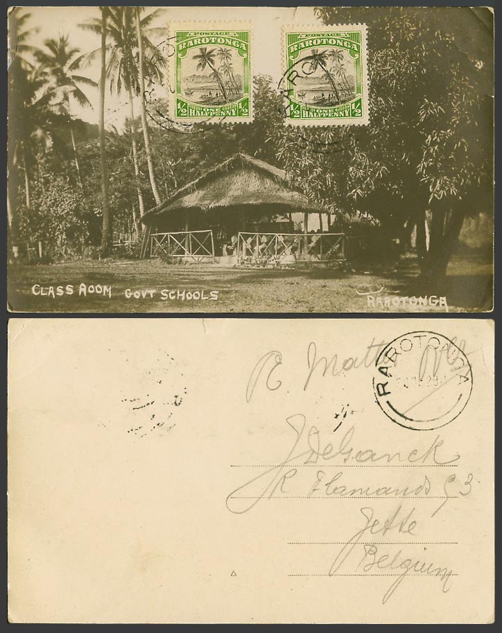 Cook Islands Rarotonga 1/2dx2 1929 Old RP Postcard Class Room Government Schools