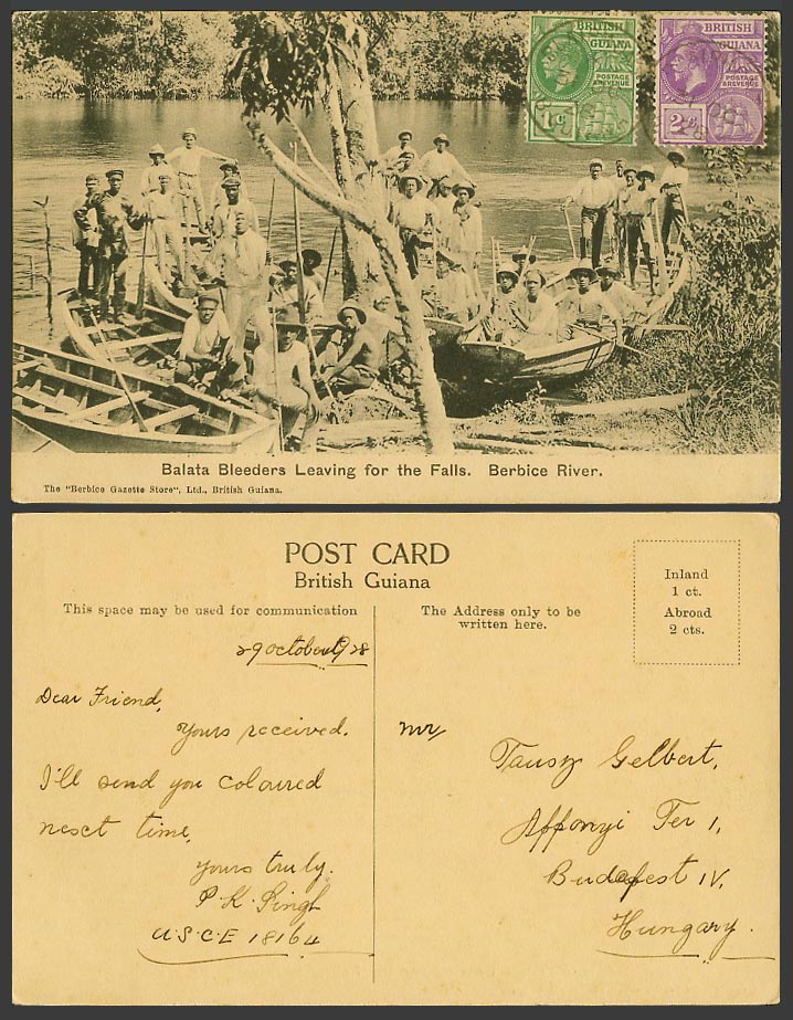 British Guiana 1928 Old Postcard Balata Bleeders Leaving for Falls Berbice River