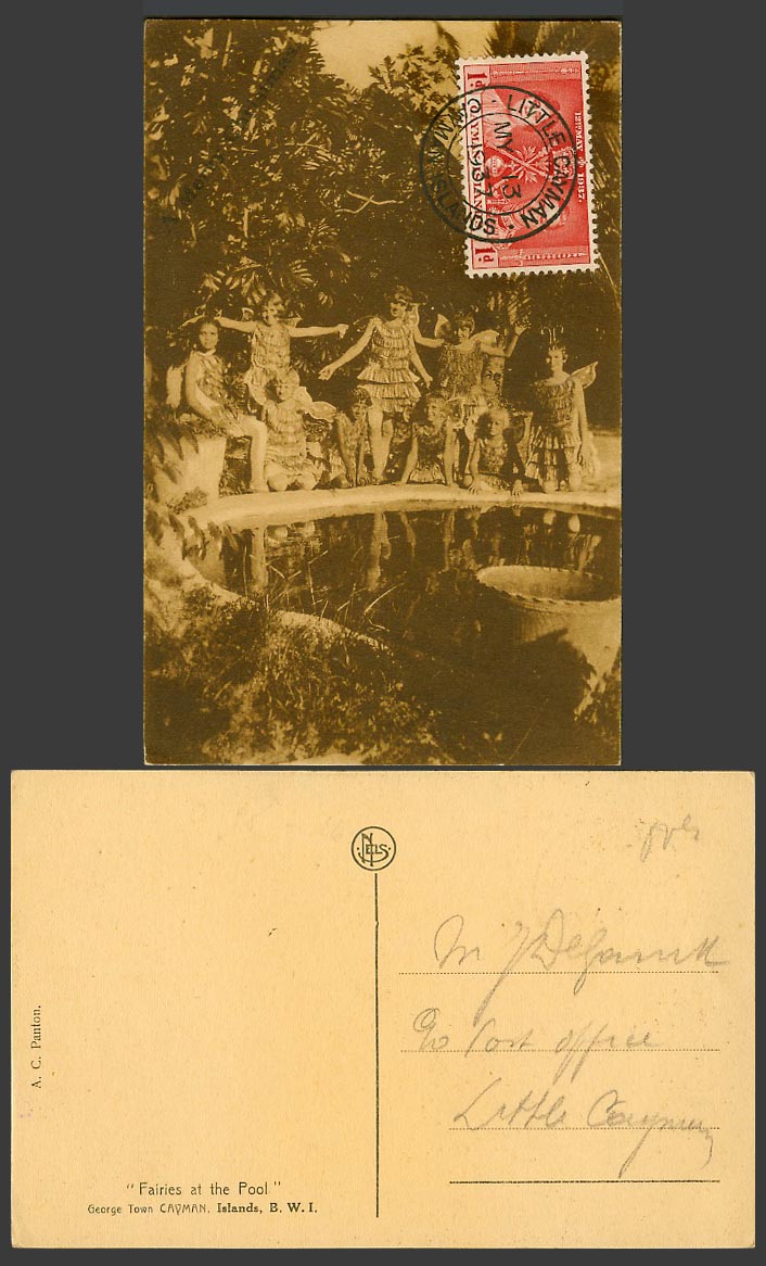 Cayman Islands Coronation 1d. 1937 Old Postcard George Town, Fairies at the Pool