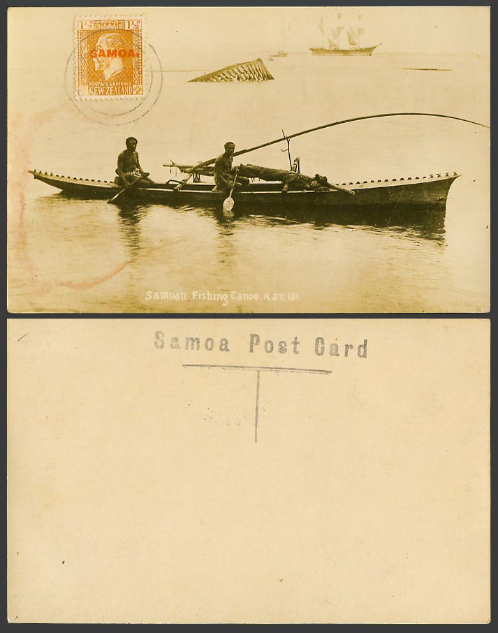 SAMOA on N.Z. 1 1/2d Old Real Photo Postcard Samoan Fishing Canoe Boat Fishermen