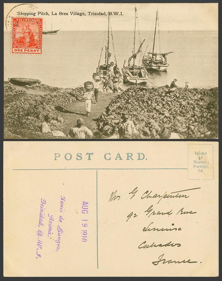 Trinidad 1d 1910 Old Postcard Shipping Pitch La Brae Village Boats Black Workers