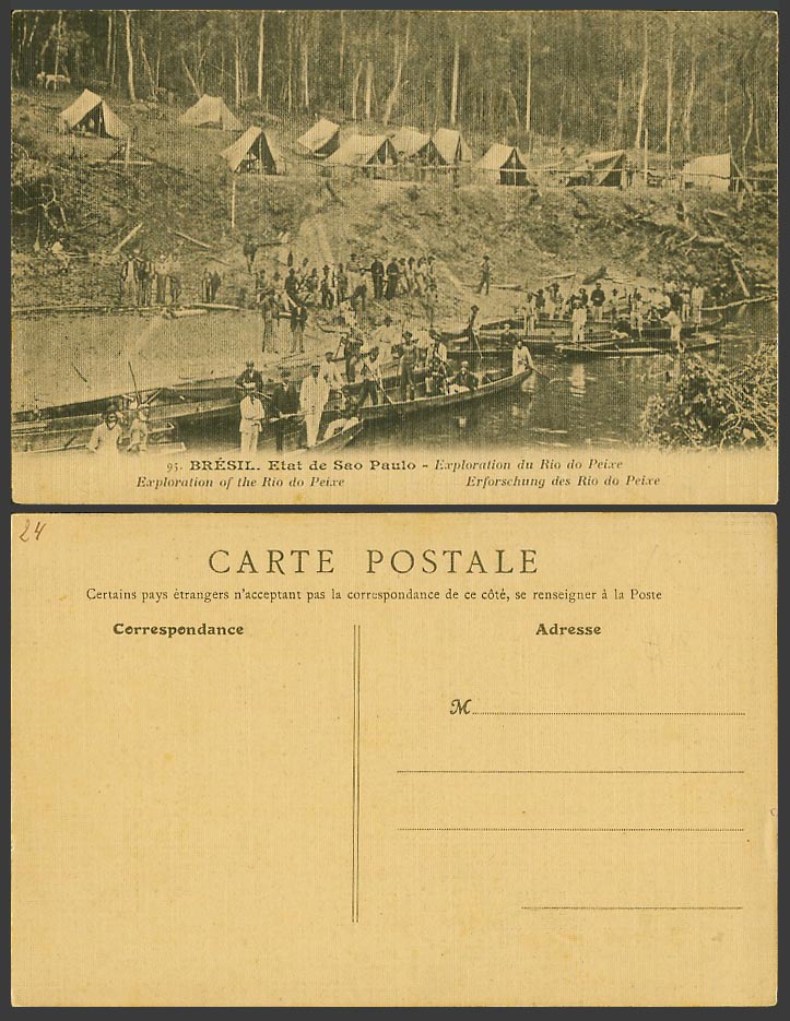 Brazil Bresil Old Postcard Exploration of Rio de Peixe, Camp Tents, Boats Canoes