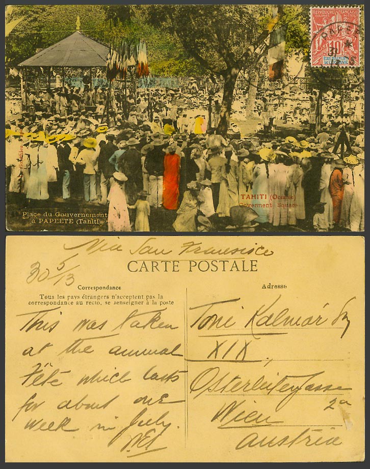 Tahiti 10c 1913 Old Postcard Pape'ete Papeete Government Square, Bandstand Flags