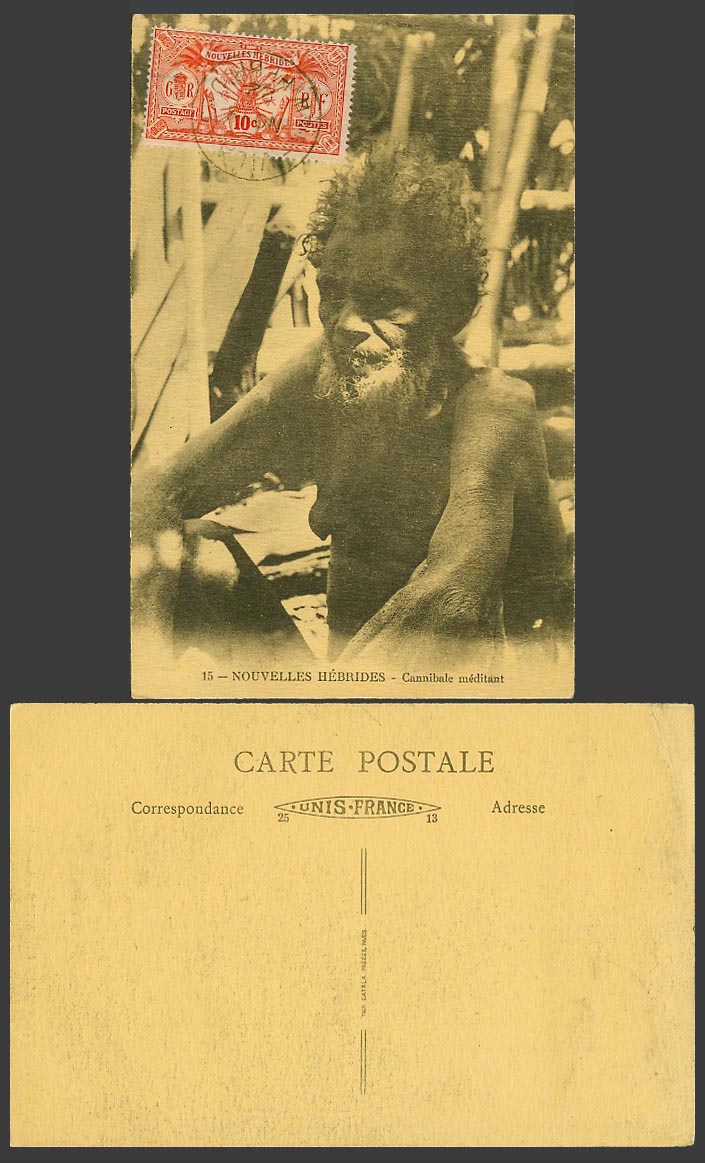 New Hebrides 10c 1922 Old Postcard Meditating Cannibal Man Cannibale Meditant 15