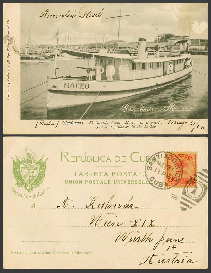 Cuba 2c 1906 Old UB Postcard Cienfuegos Gun Boat, MACEO, Harbour El Guarda Costa