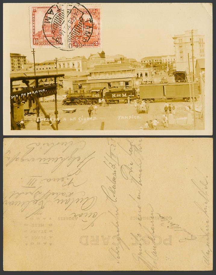 Mexico 1925 Old Real Photo Postcard Tampico Locomotive Train 242 N. de M Station
