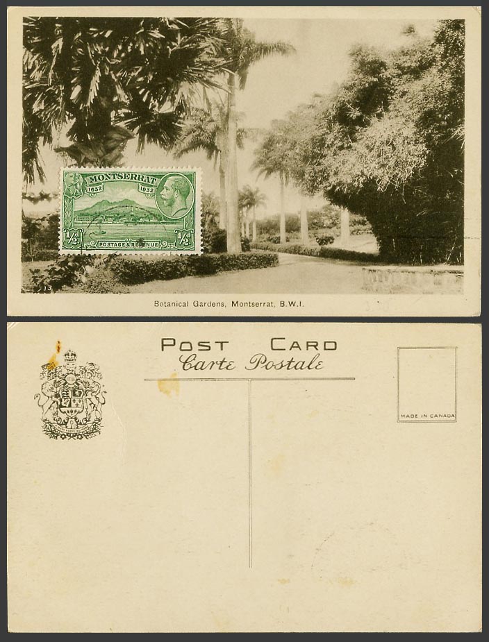 Montserrat B.W.I. Old Postcard Botanical Gardens, Botanic Garden Palm Trees Arms
