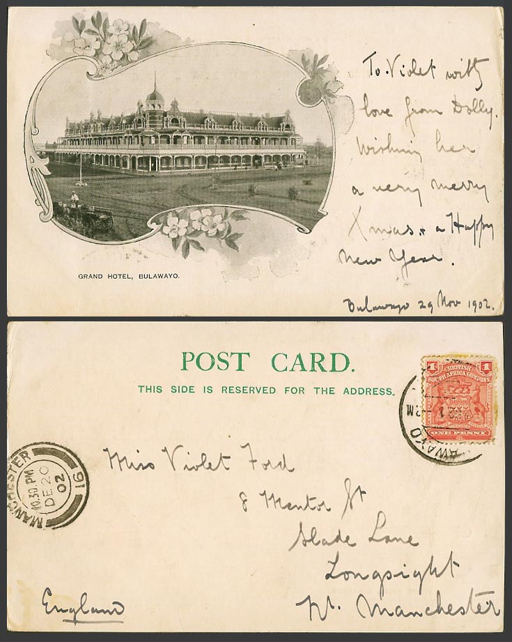 British South Africa Company 1d 1902 Old Postcard Rhodesia Bulawayo, Grand Hotel