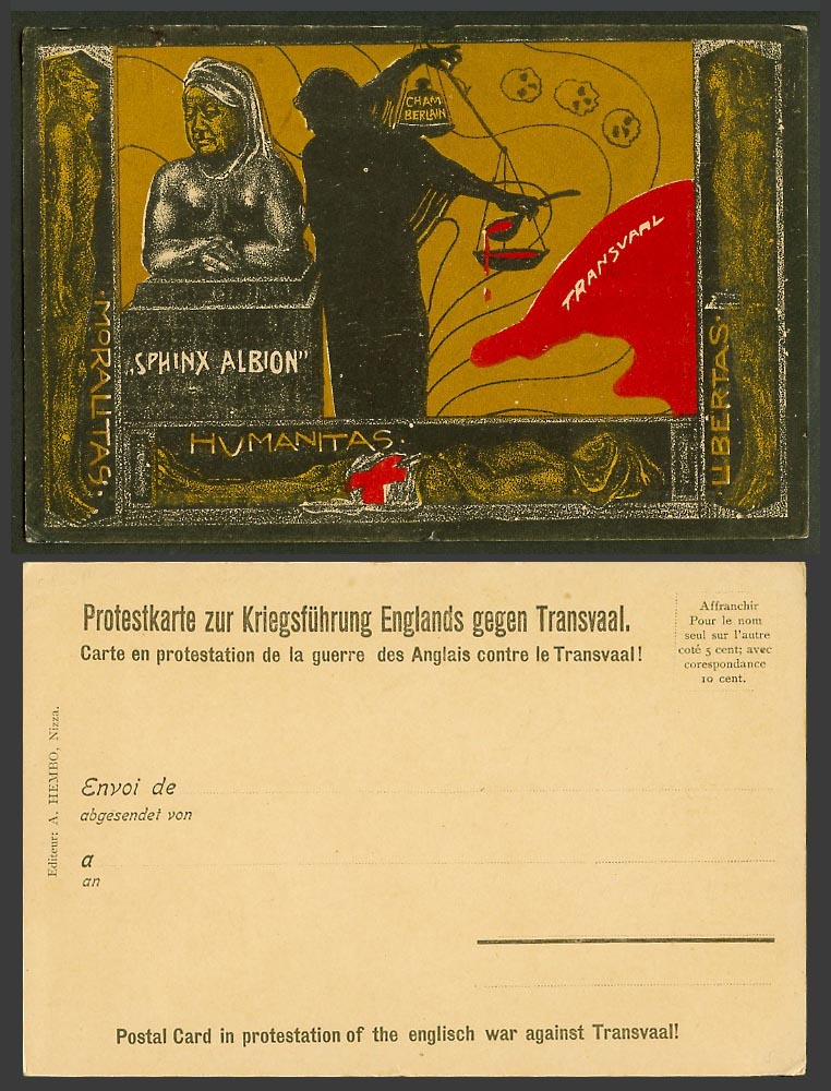 South Africa Transvaal Boer War Old Postcard Sphinx Albion Chamberlain Humanitas