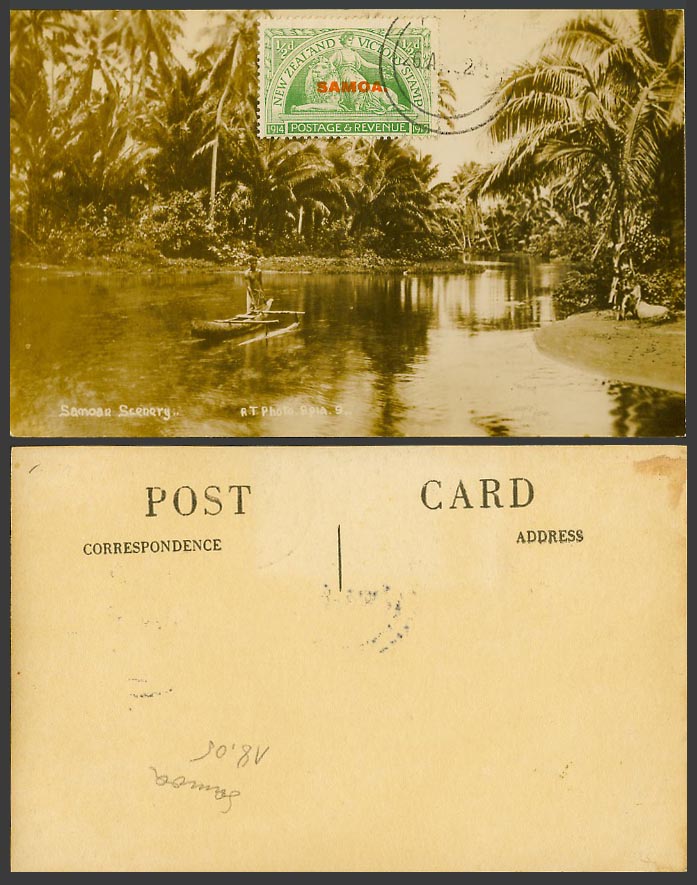 Samoa on New Zealand Victory Stamp 1/2d Old Postcard Samoan Scenery Native Canoe