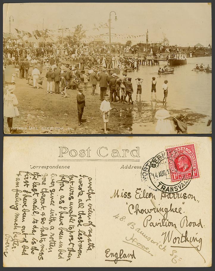 South Africa KE7 1d 1911 Old Real Photo Postcard Germiston, Victoria Lake, Boats