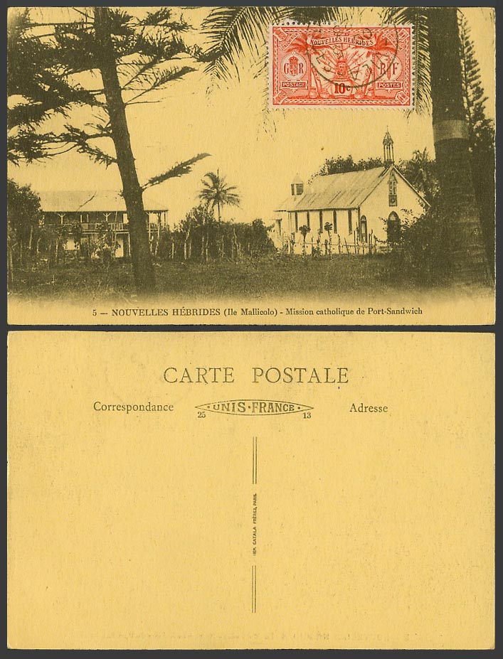 New Hebrides 1923 Old Postcard Malekula Catholic Mission of Port Sandwich Church