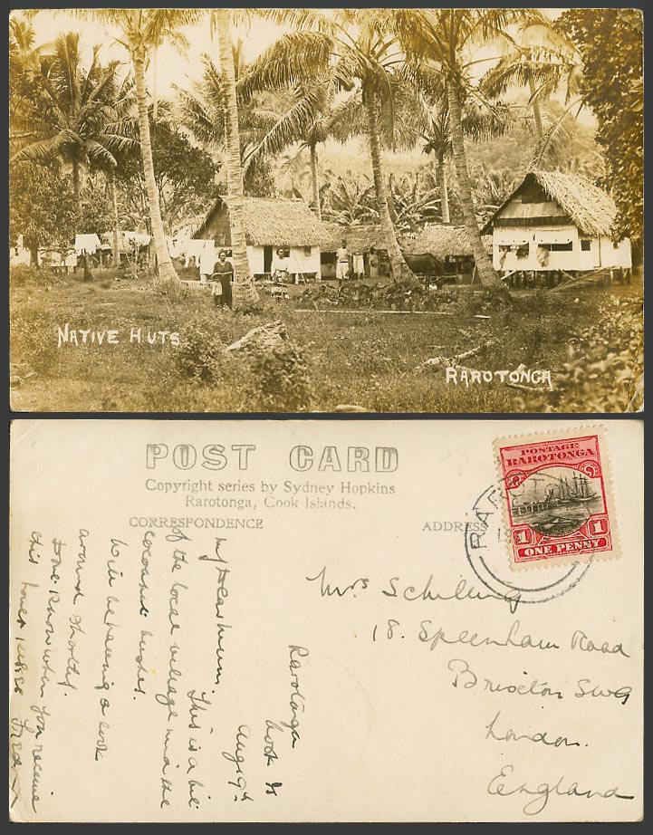 Cook Islands Rarotonga Native Huts Houses Palms 1d. 1928 Old Real Photo Postcard