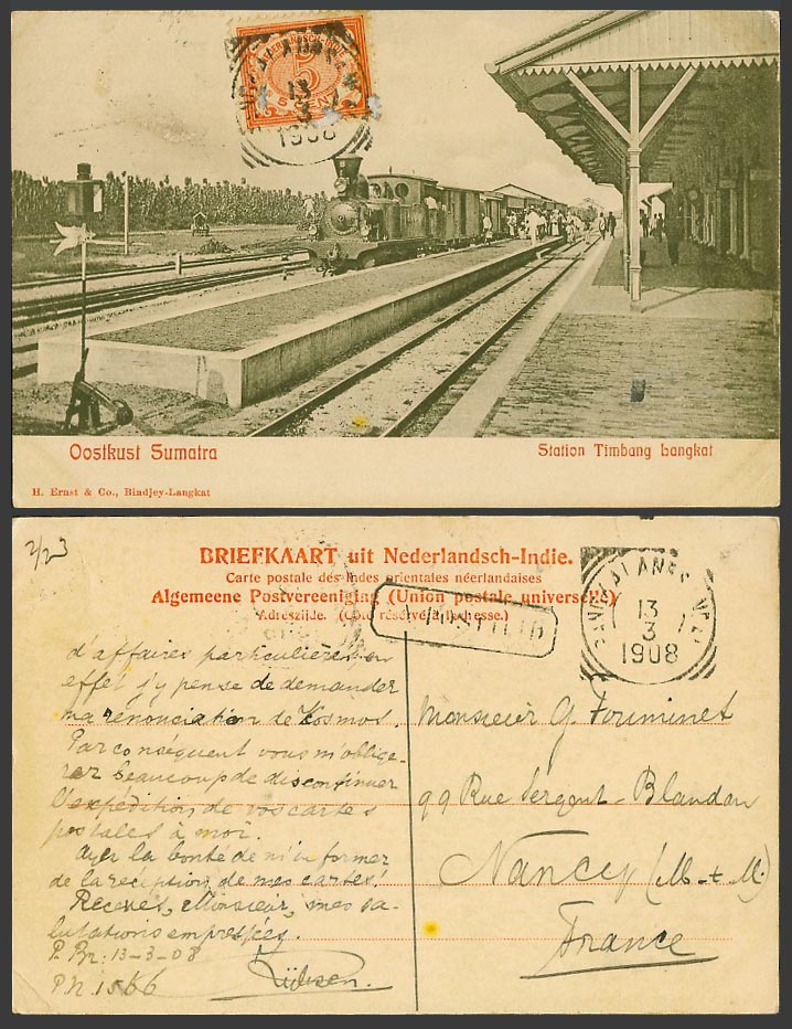 Indonesia Sumatra 5c 1908 Old Postcard Locomotive Train, Station Timbany Langkat