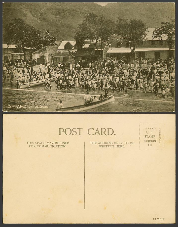 Saint St. Lucia, Town of Soufriere, Native Canoes Boats Beach Crowd Old Postcard