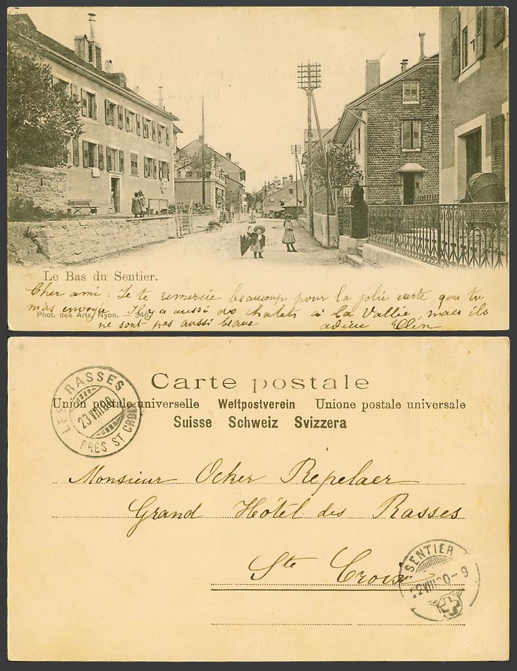 Switzerland 1900 Old UB Postcard Le Bas du Sentier Street Scene Few Little Girls