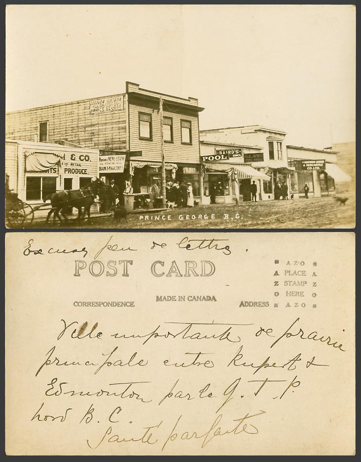 Canada Old Real Photo Postcard Prince George Street Scene B.C. POOL Bairds Shoes