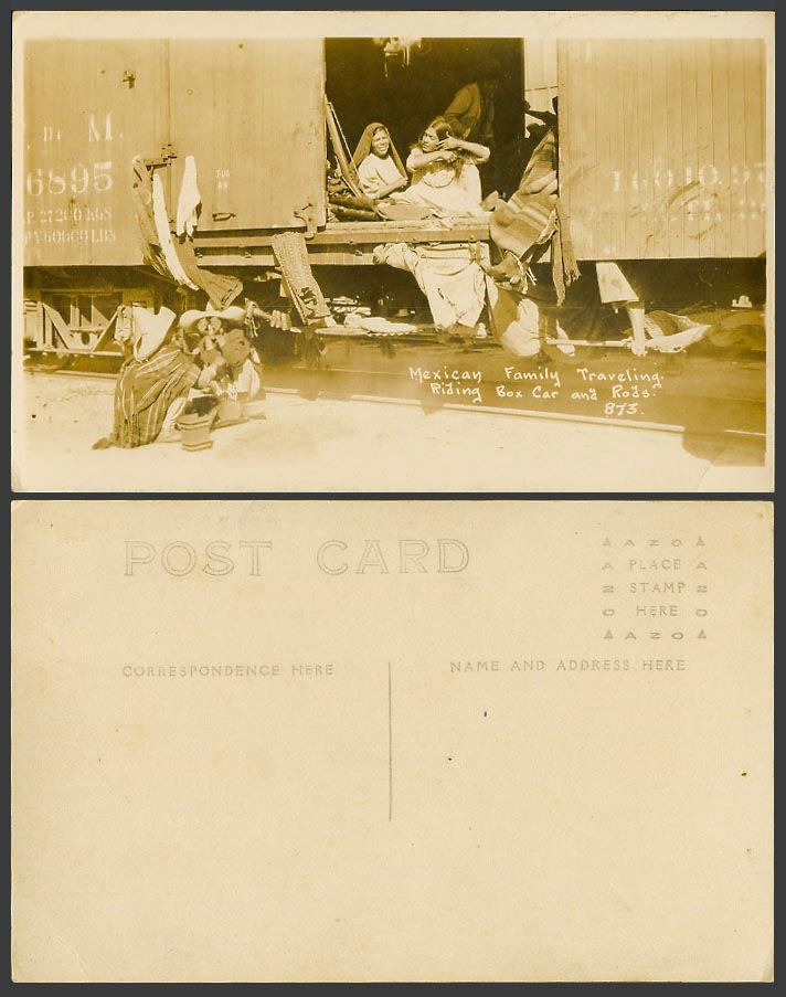 Mexico Old R.P. Postcard Mexican Family Traveling Riding Box Car and Rods Boxcar