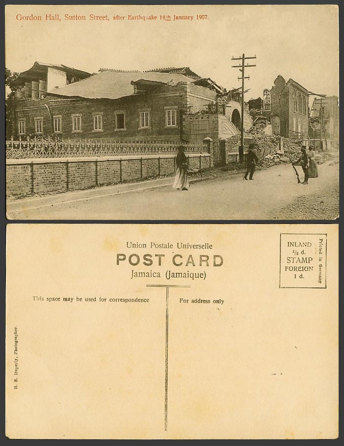 Jamaica Old Postcard Gordon Hall, Sutton Street after Earthquake 14th Jan. 1907