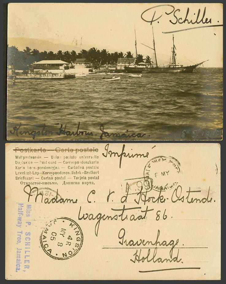 Jamaica 1905 Old Real Photo UB Postcard Kingston Harbour P. Schiller Ships Boats