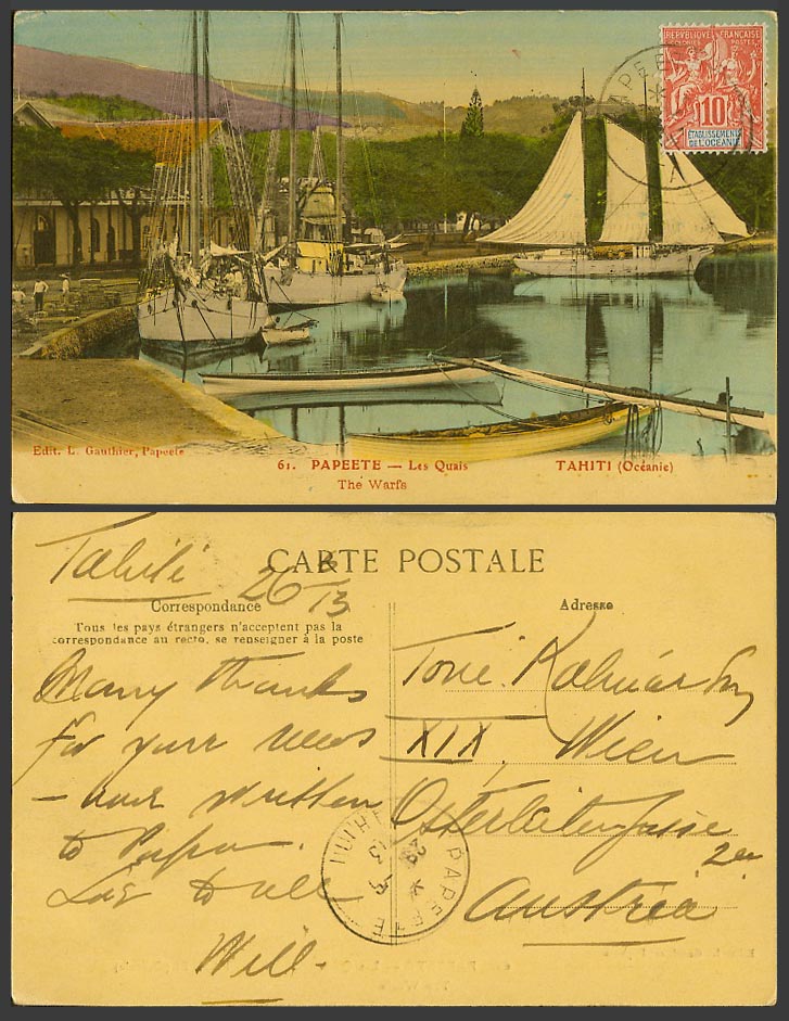 Tahiti 10c 1913 Old Postcard Papeete Pape'ete Quais Wharfs Wharves Harbour Boats