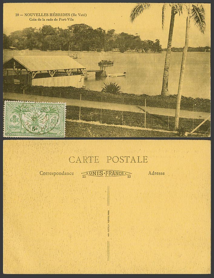 New Hebrides 5c 1922 Old Postcard Port-Vila Harbour, Ile Vate, Boats, Wharf Quay