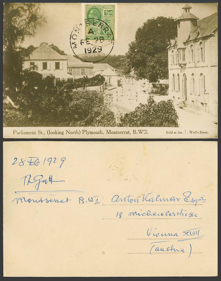 Montserrat B.W.I. KG5 1/2d 1929 Old Postcard Parliament Street Scene N. Plymouth