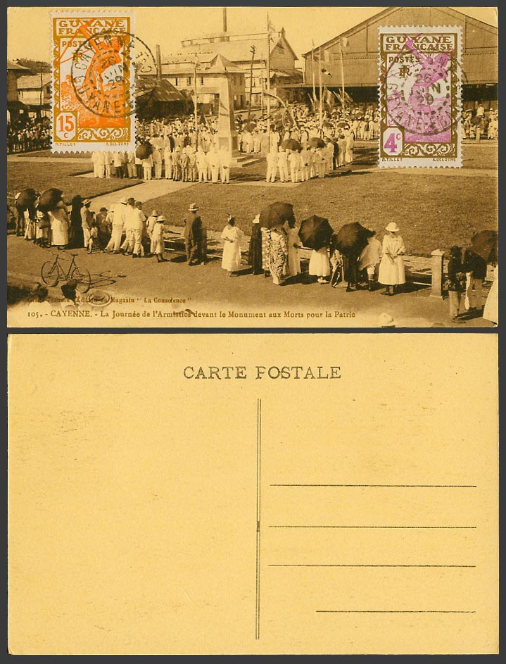 Guyane French Guiana Cayenne 4c 15c 1929 Old Postcard Armistice Day War Memorial