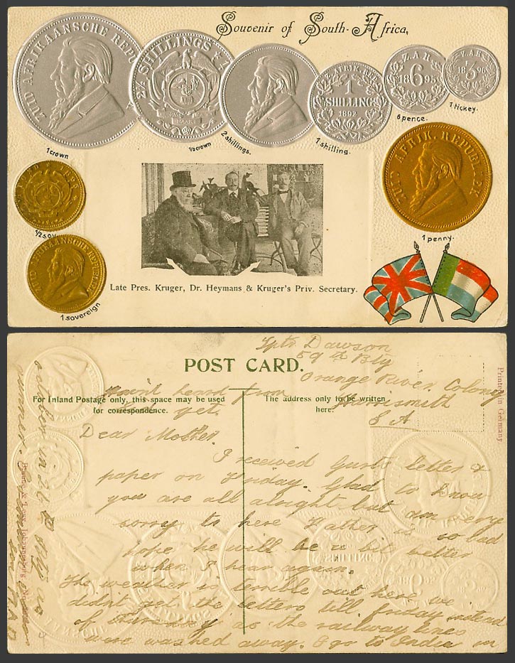 South Africa Vintage Coins Coin Card Old Postcard Late Pres. Kruger, Dr. Heymans