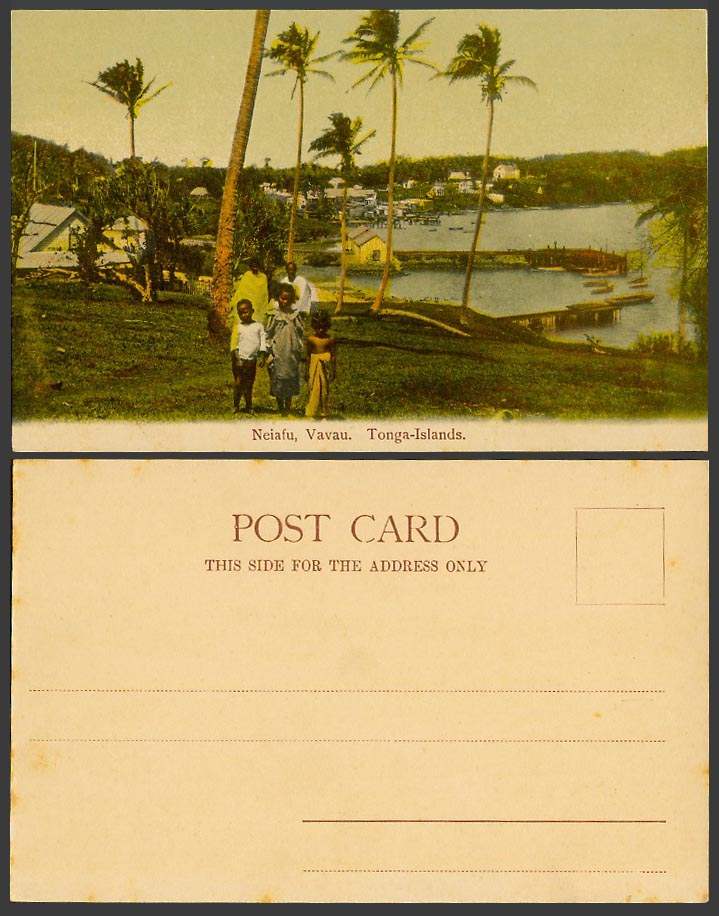 Tonga Islands Neiafu Vavau Vavaʻu Harbour Piers Palm Trees Children Old Postcard