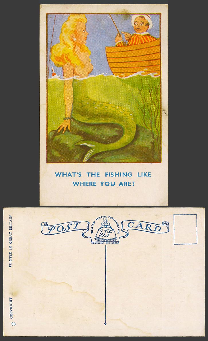 Mermaid Comic - What's The Fishing Like Where You Are? Fishing Rod Old Postcard