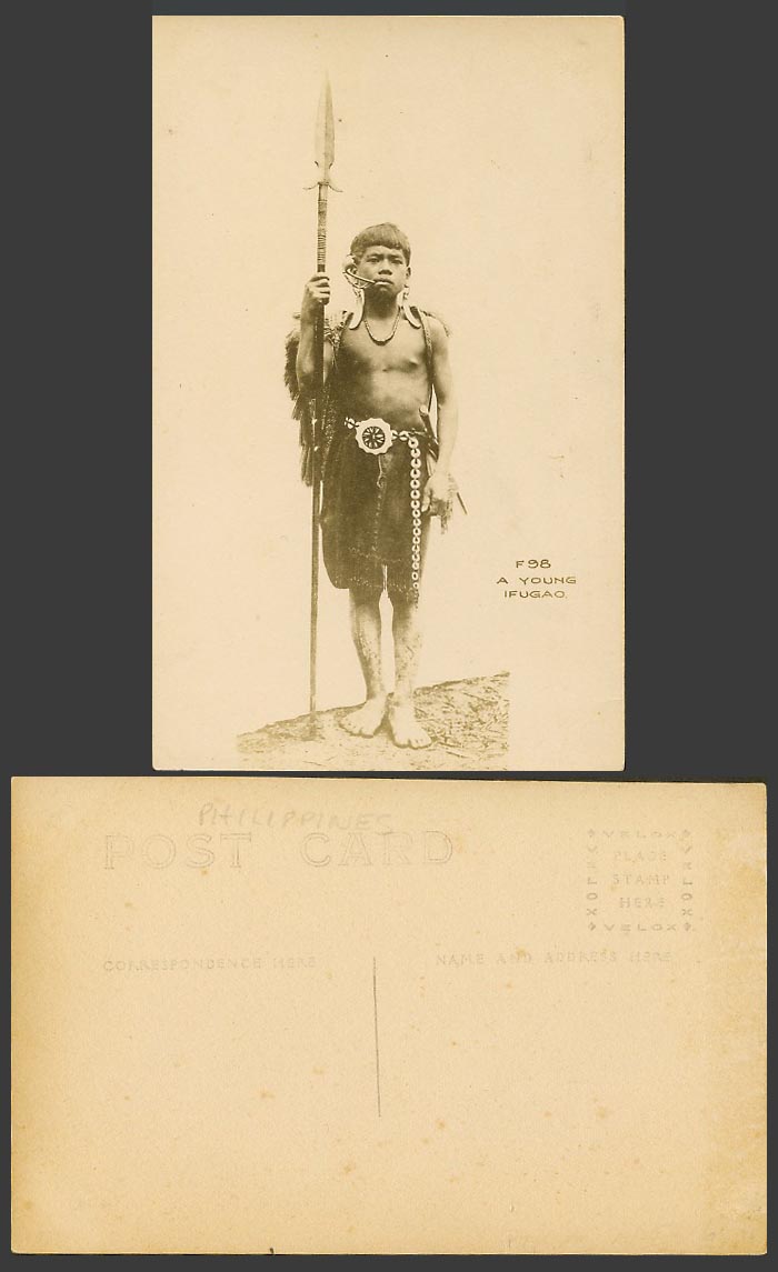 Philippines Old Real Photo Postcard A Young Ifugao Boy Spear Traditional Costume